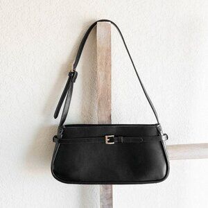 H&M Black Mini Shoulder Bag | Belt Detail | Gold Hardware | Top Zip